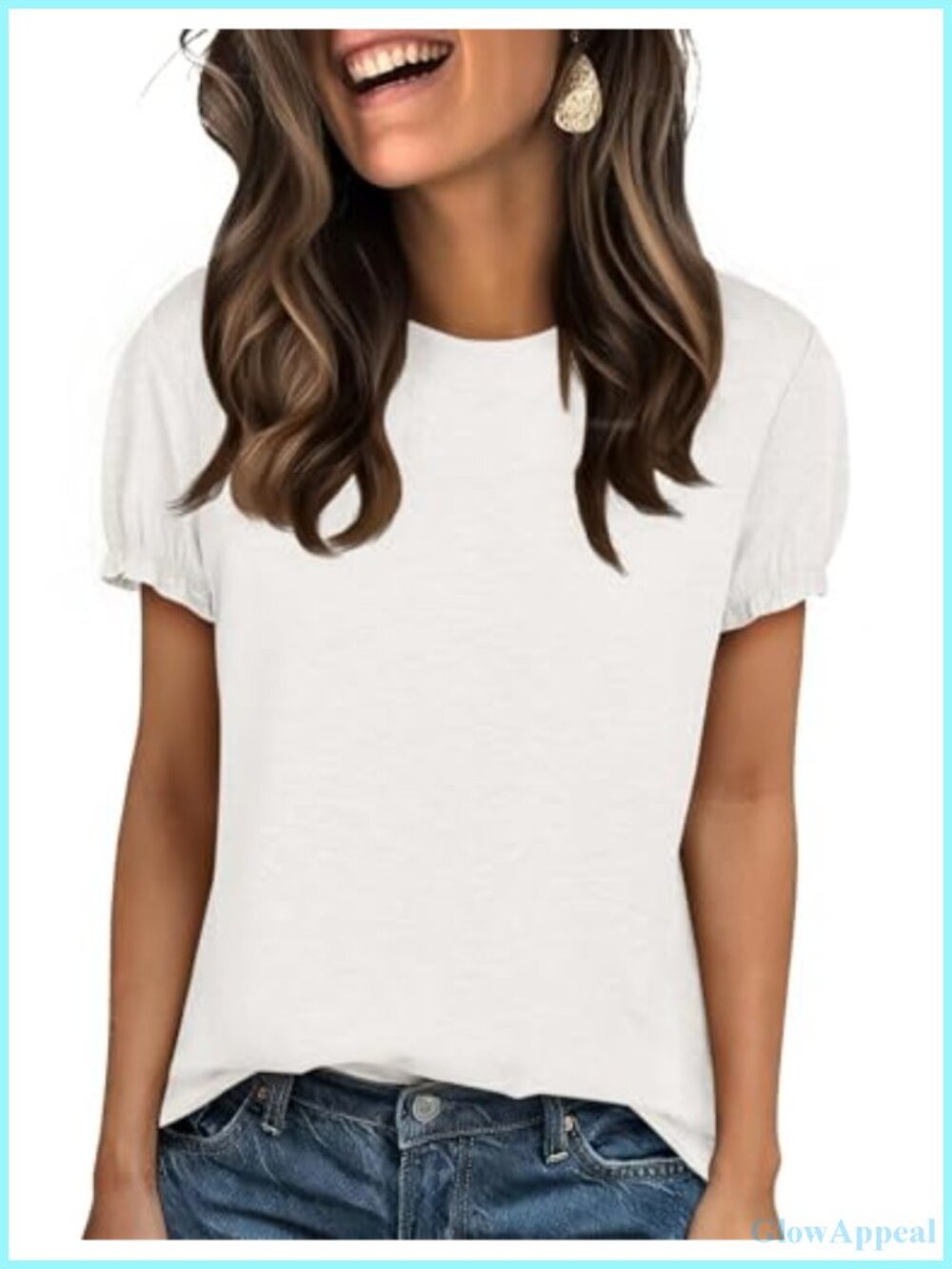 Puff Sleeve Ruffle Basic Tee Loose Fit Lightweight Stretchable Crew Neck